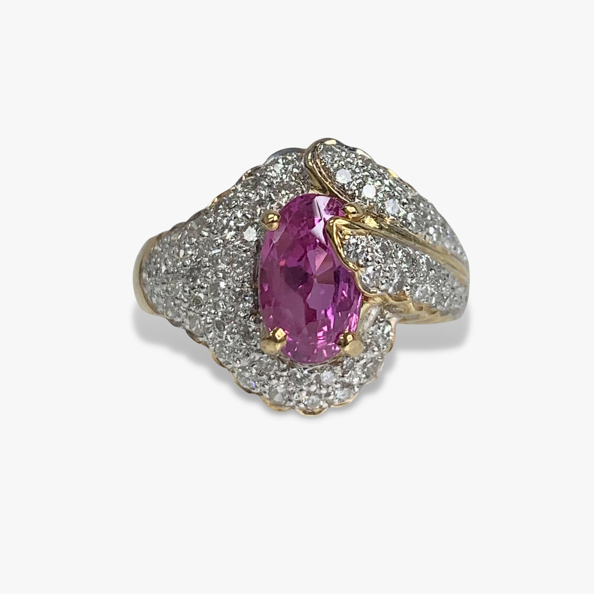 18k Yellow Gold Oval Cut Pink Sapphire Diamond Pavé Vintage Ring