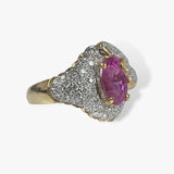 18k Yellow Gold Oval Cut Pink Sapphire Diamond Pavé Vintage Ring Side View