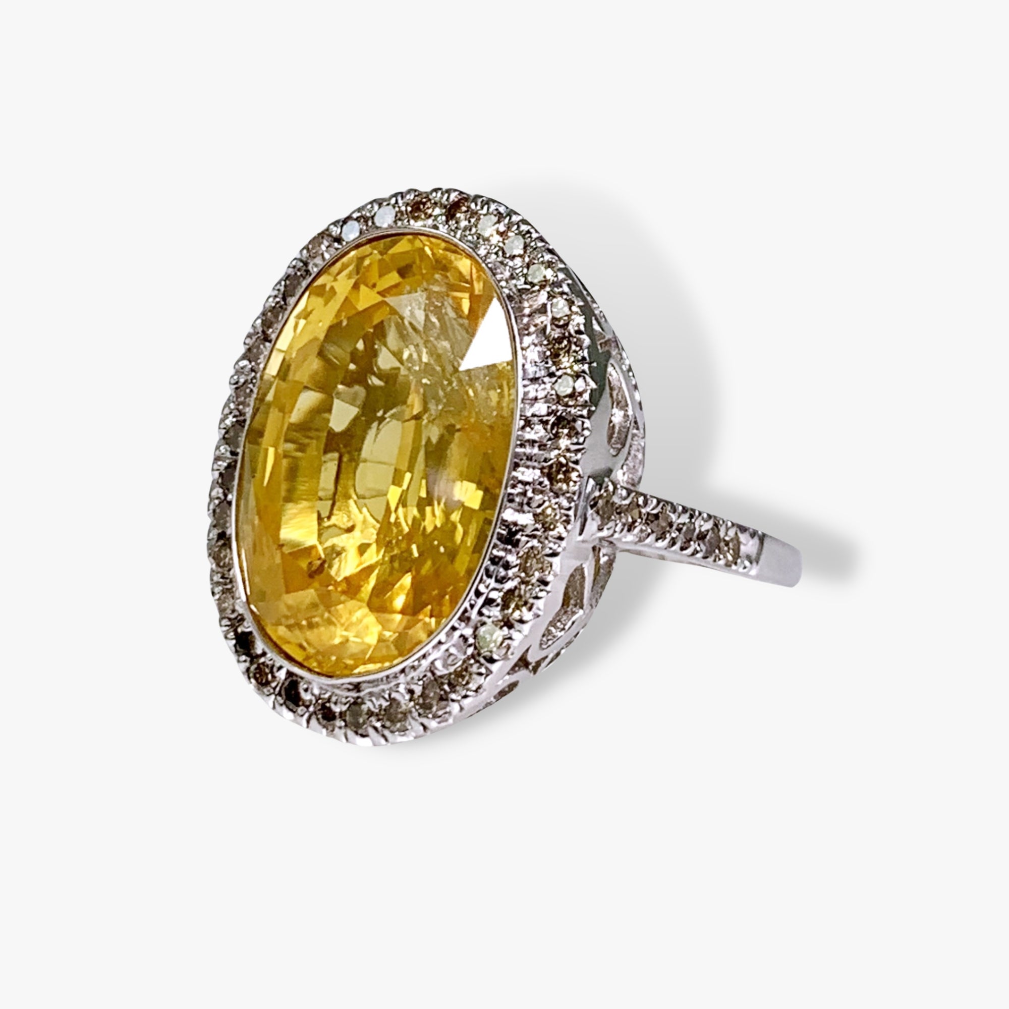 18k Yellow Gold Oval Cut Yellow Sapphire Diamond Halo Cocktail Ring Side View
