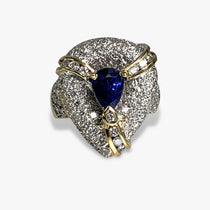 18k Yellow Gold Pear-Shaped Blue Sapphire and Diamond Vintage Ring
