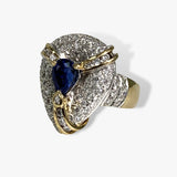 18k Yellow Gold Pear-Shaped Blue Sapphire and Diamond Vintage Ring Side View