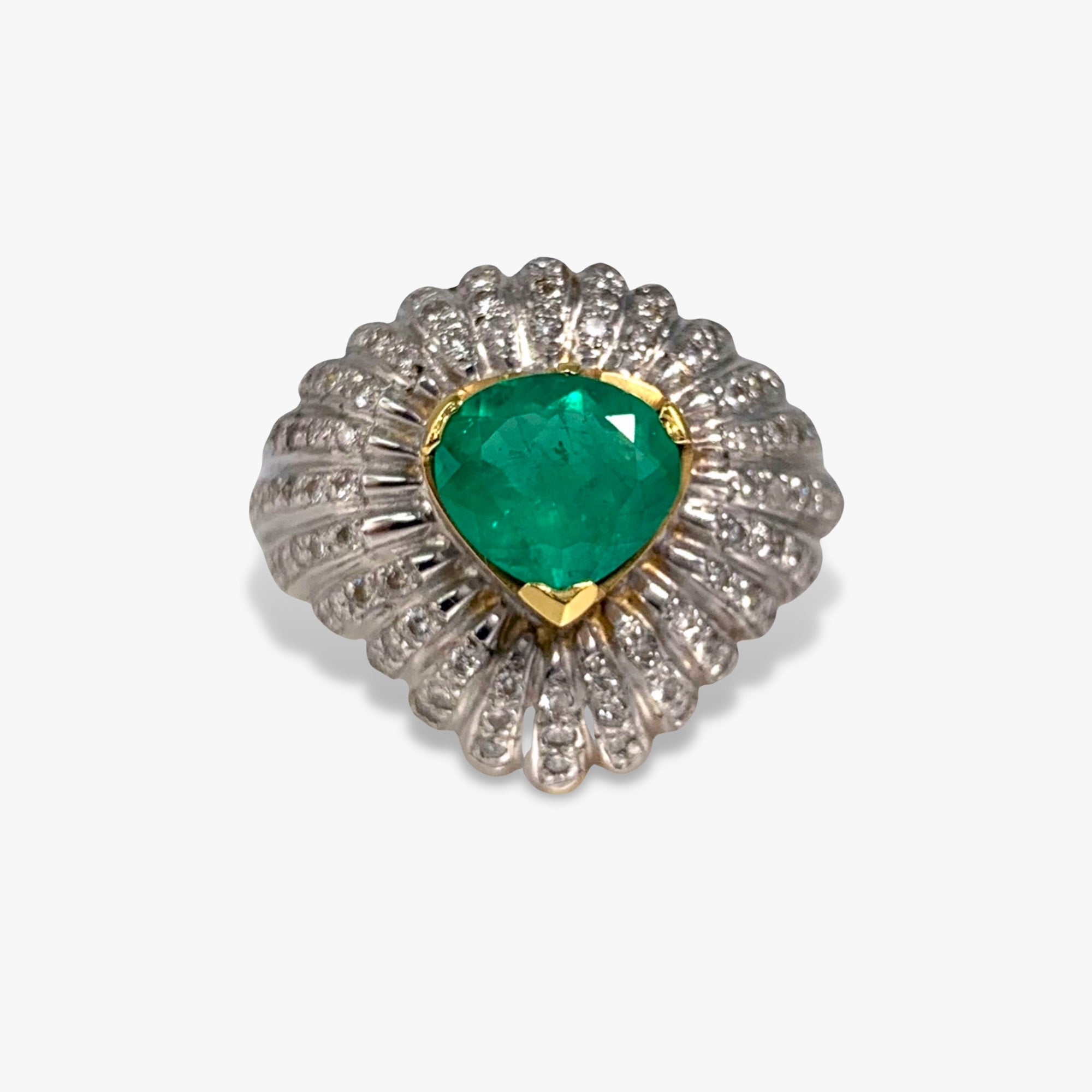 18k Yellow and White Gold Emerald and Diamond Vintage Cocktail Ring