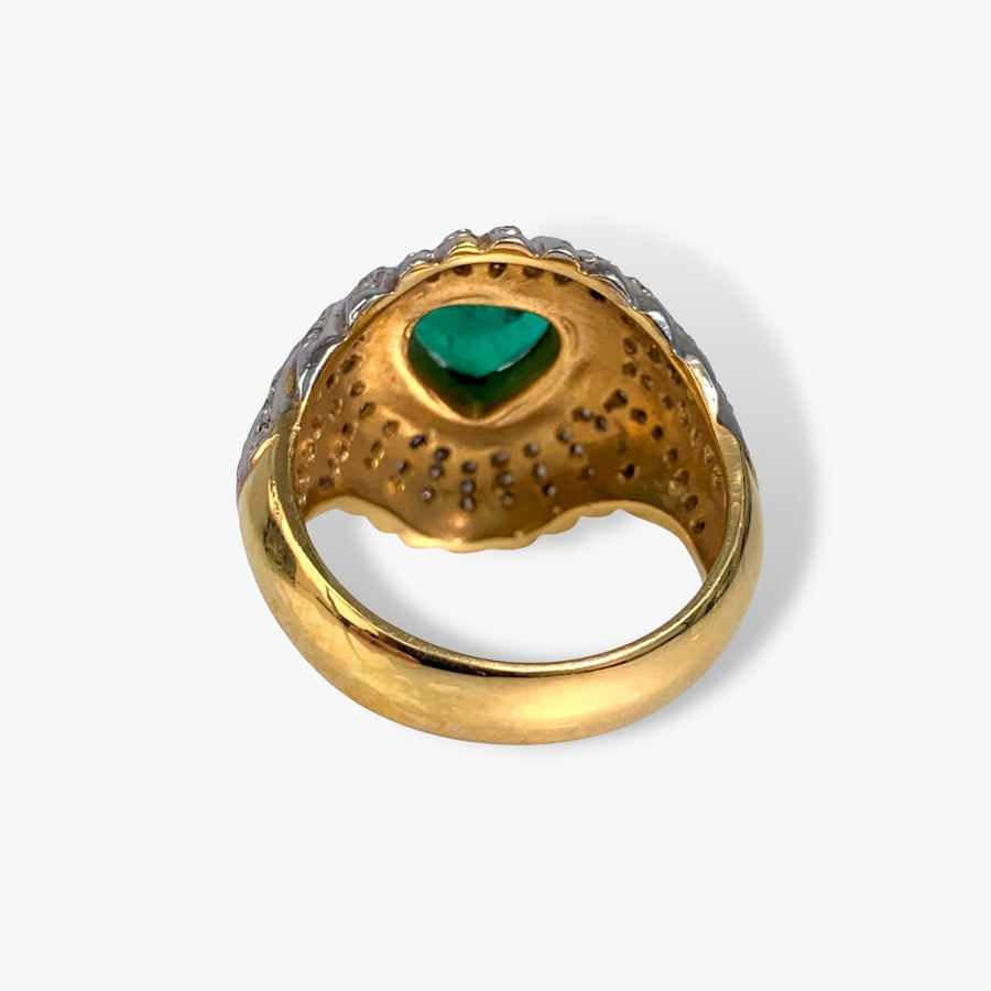18k Yellow and White Gold Emerald and Diamond Vintage Cocktail Ring Back View