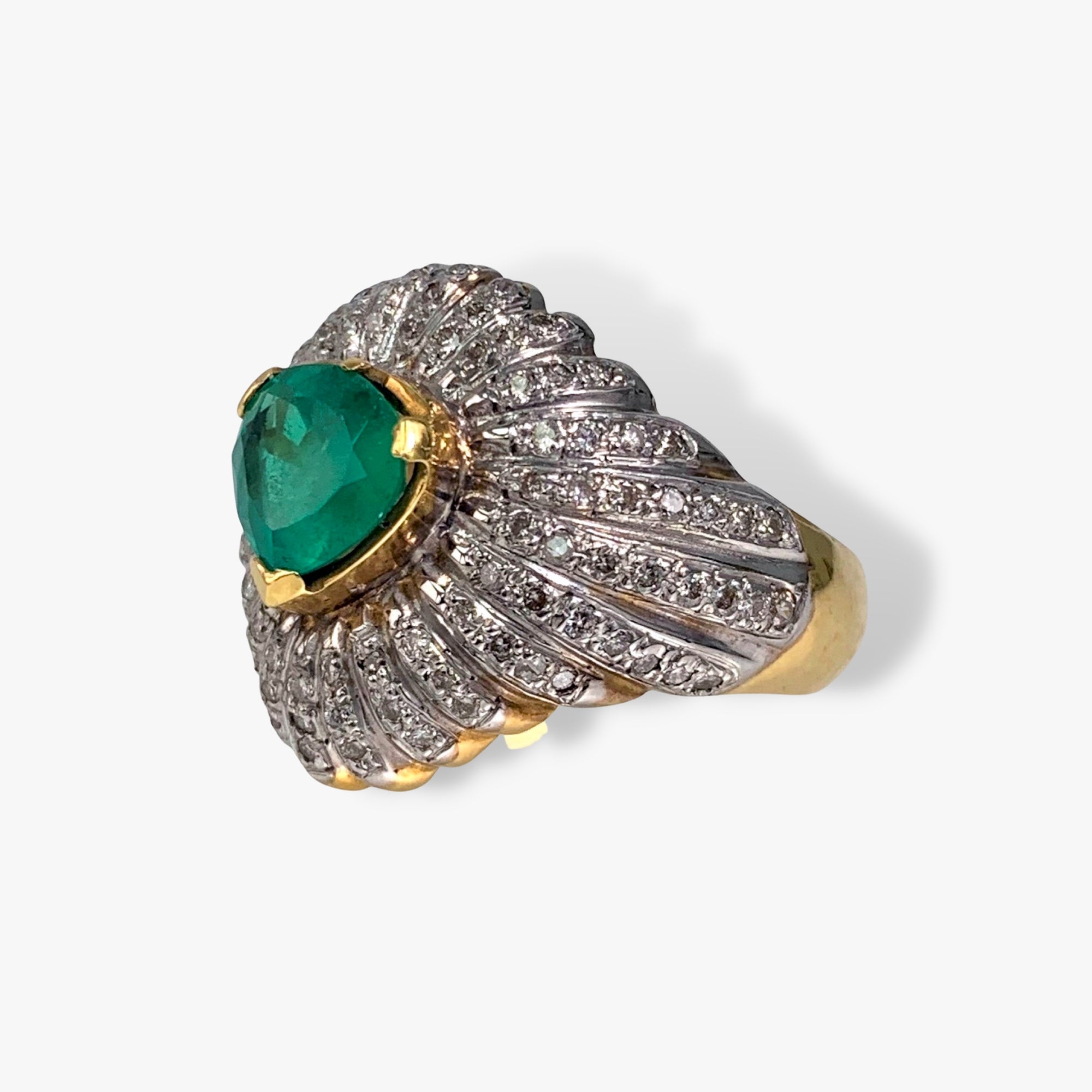 18k Yellow and White Gold Emerald and Diamond Vintage Cocktail Ring Side View
