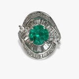 Platinum Round Cut Emerald and Diamond Vintage Ring