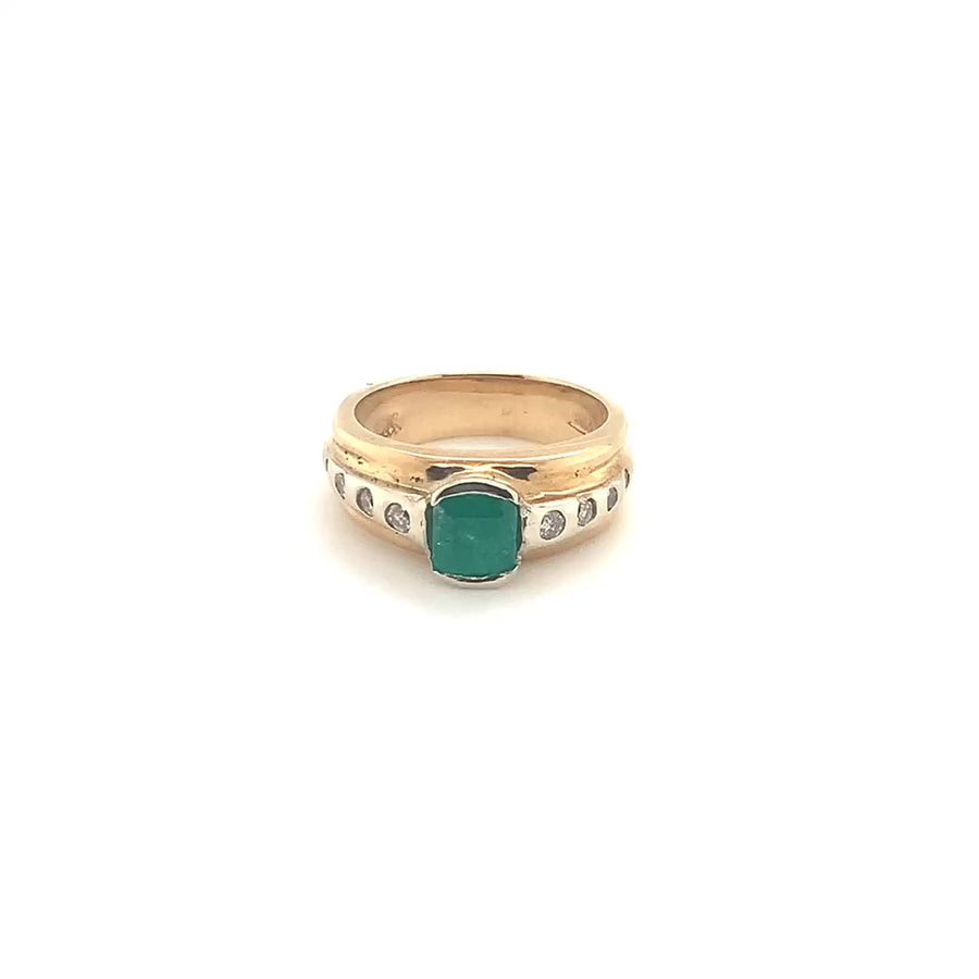 14k Yellow and White Gold Emerald and Diamond Vintage Signet Ring