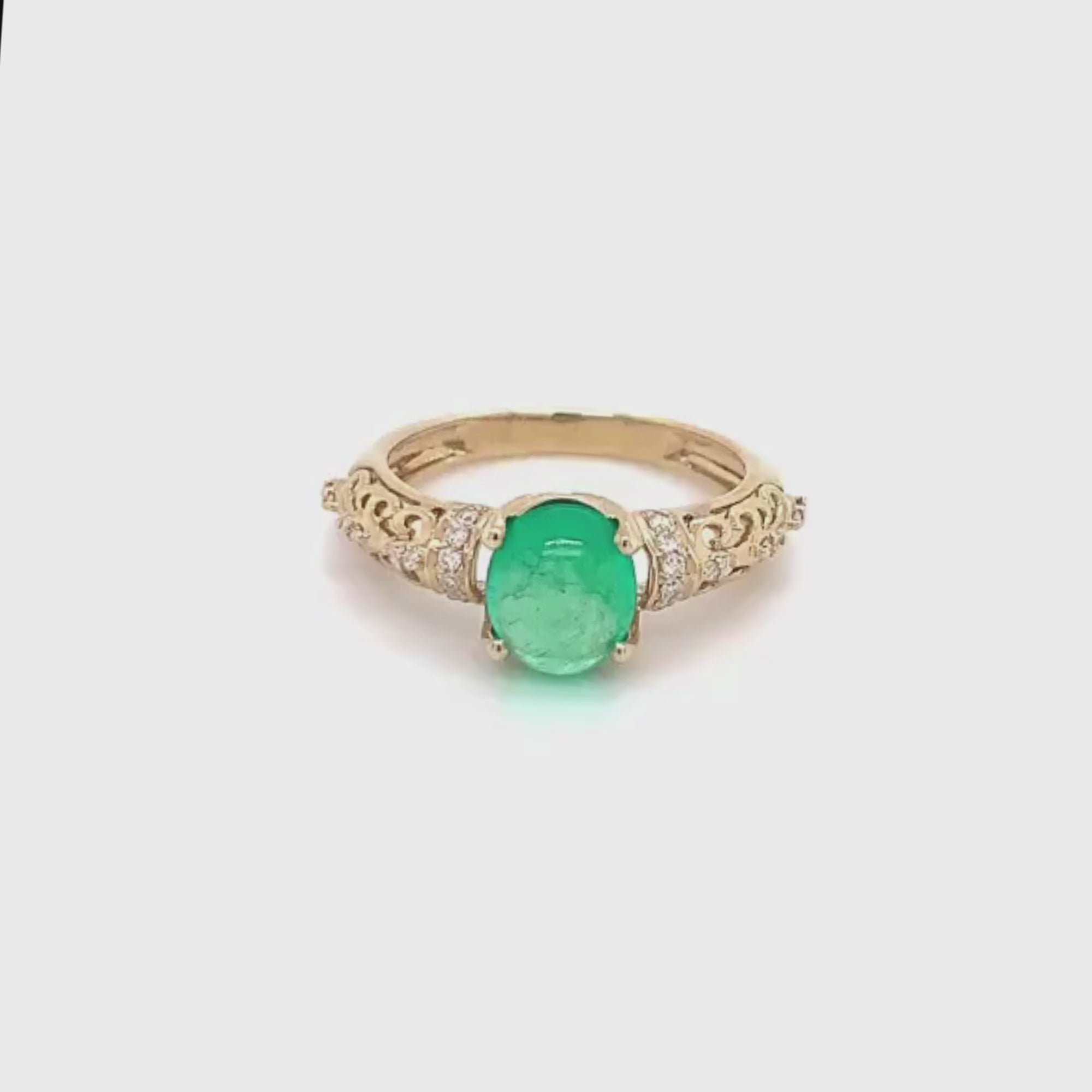 14k Yellow Gold Cabochon Cut Emerald and Diamond Ring