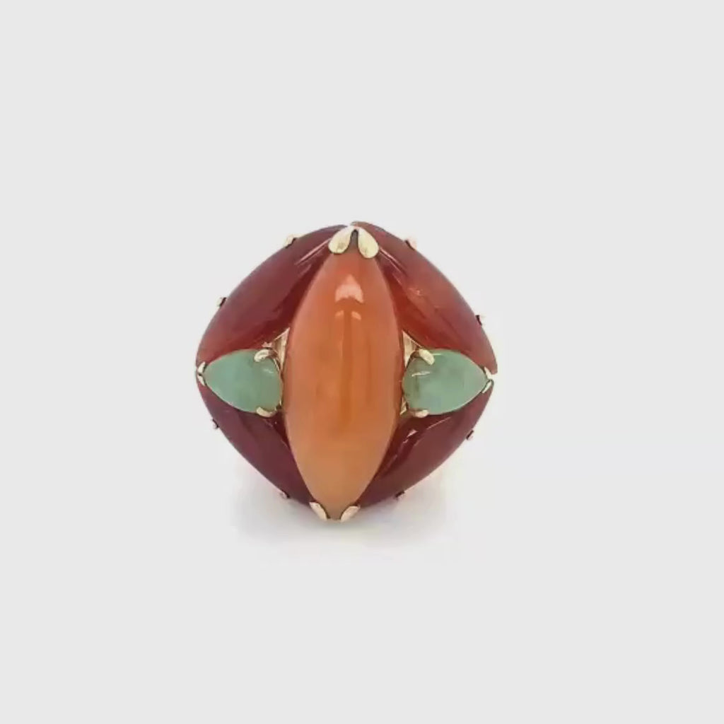 14k Yellow Gold Marquise and Pear Cut Multicolor Jade Vintage Ring
