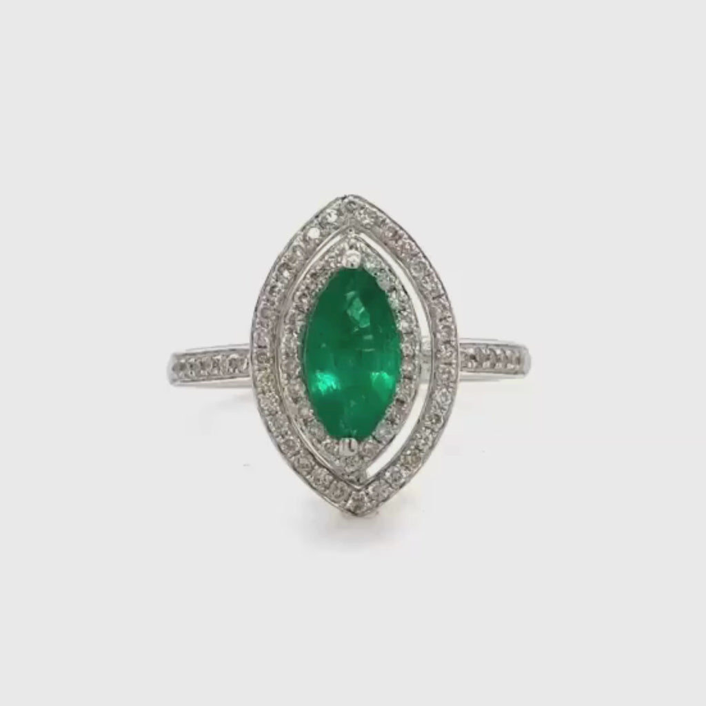 14k White Gold Marquise Cut Emerald Double Diamond Halo Ring