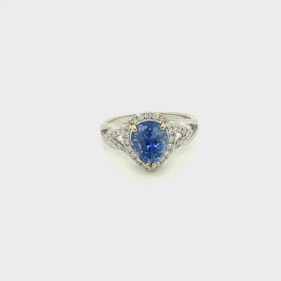 14k White Gold Pear-Shaped Blue Sapphire Diamond Ring