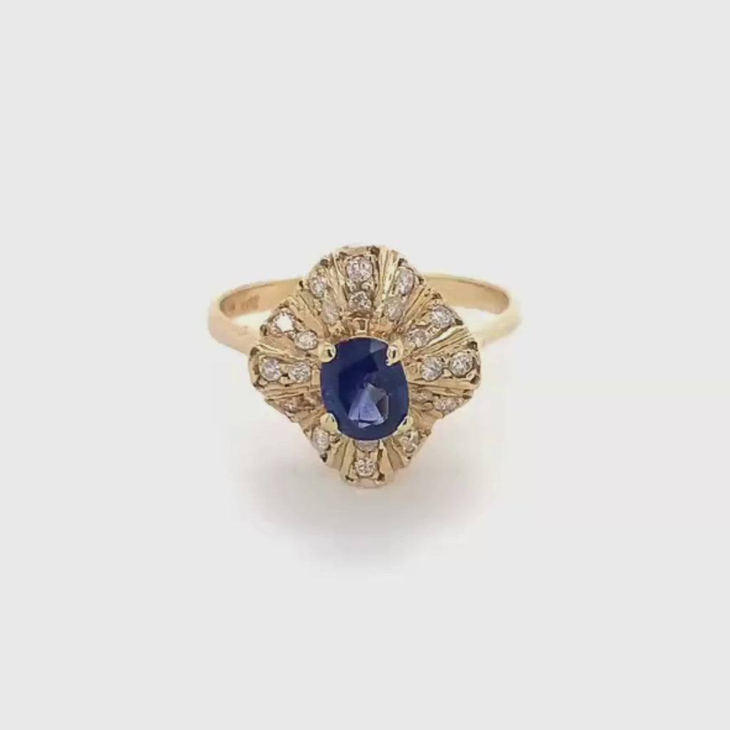 14k Yellow Gold Oval Cut Blue Sapphire Diamond Vintage Ring