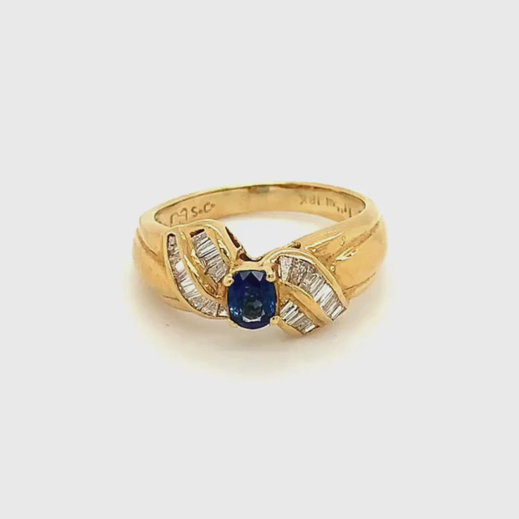 18k Yellow Gold Oval Cut Blue Sapphire and Diamond Vintage Ring