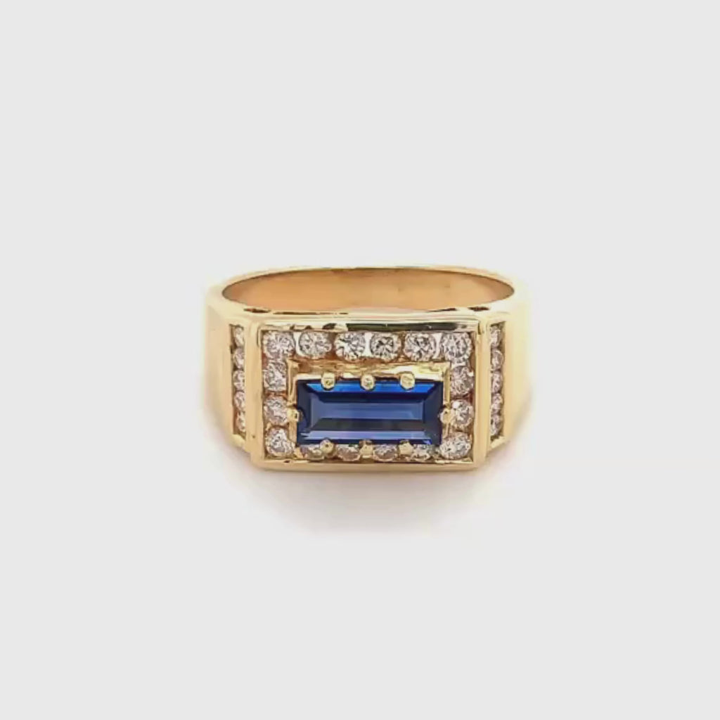 18k Yellow Gold Baguette Cut Blue Sapphire and Diamond Vintage Signet Ring