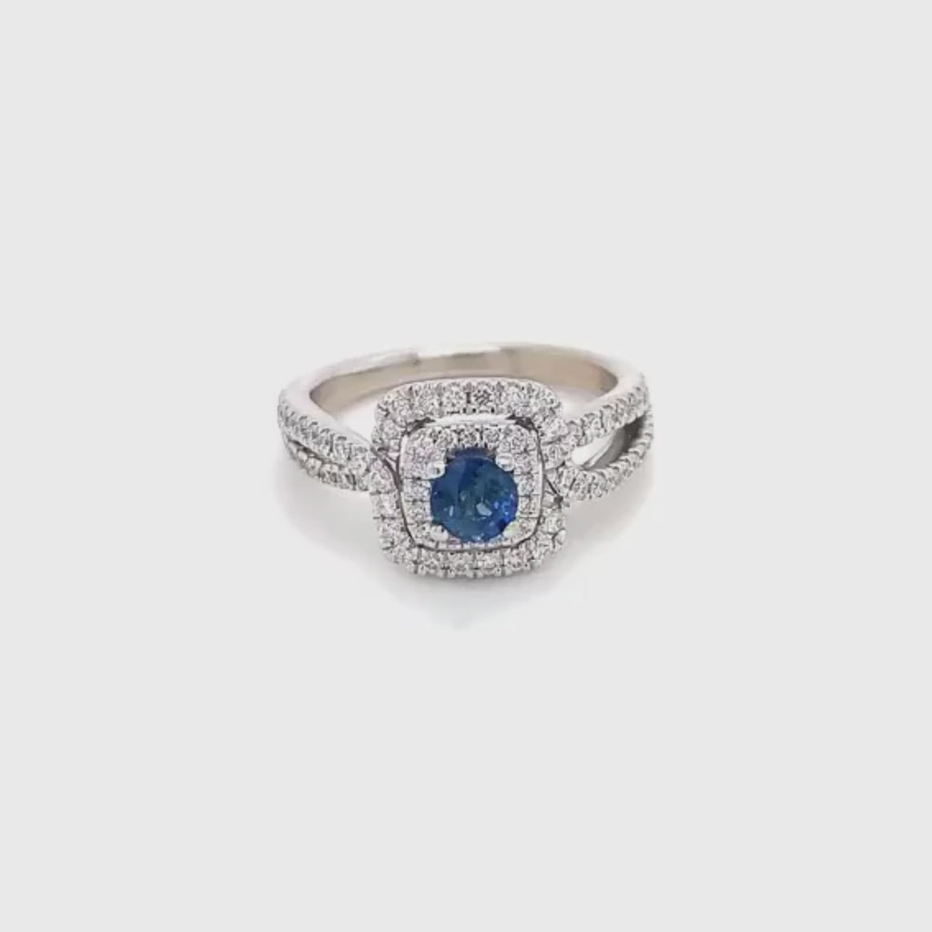 14k White Gold Round Cut Blue Sapphire Double Halo Split Shank Ring