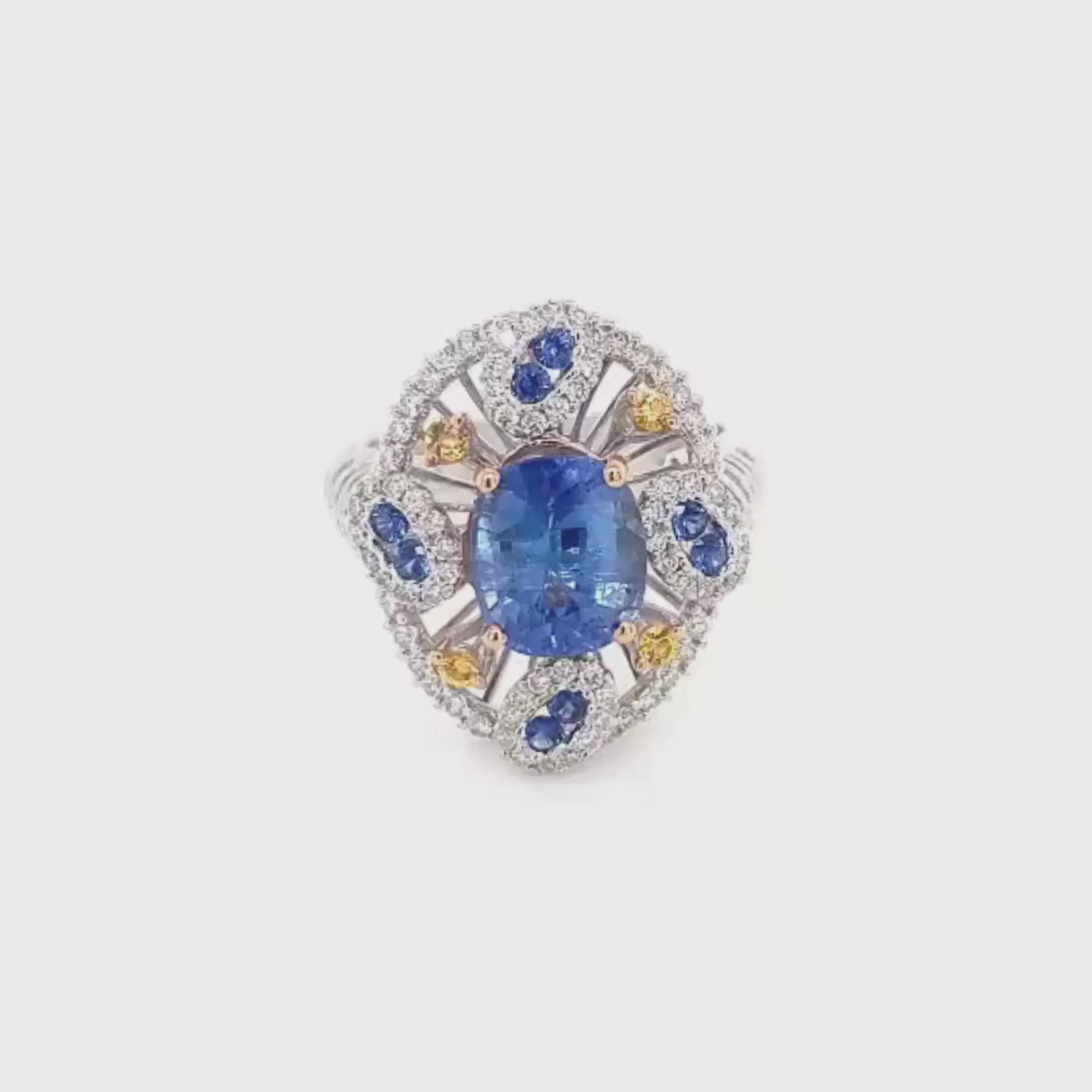 18k White Gold Oval Cut Blue and Yellow Sapphire Diamond Ring