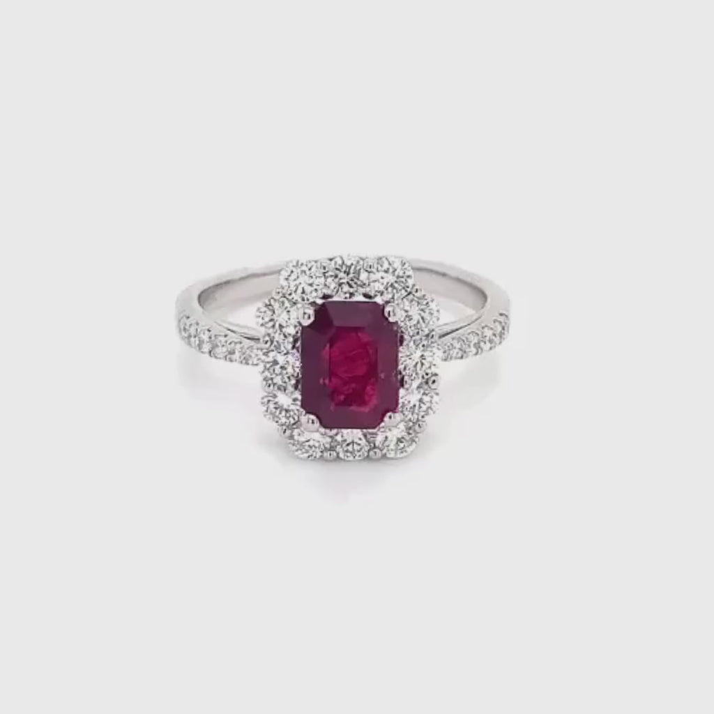 18k White Gold Emerald Cut Ruby and Round Cut Diamond Cluster Ring