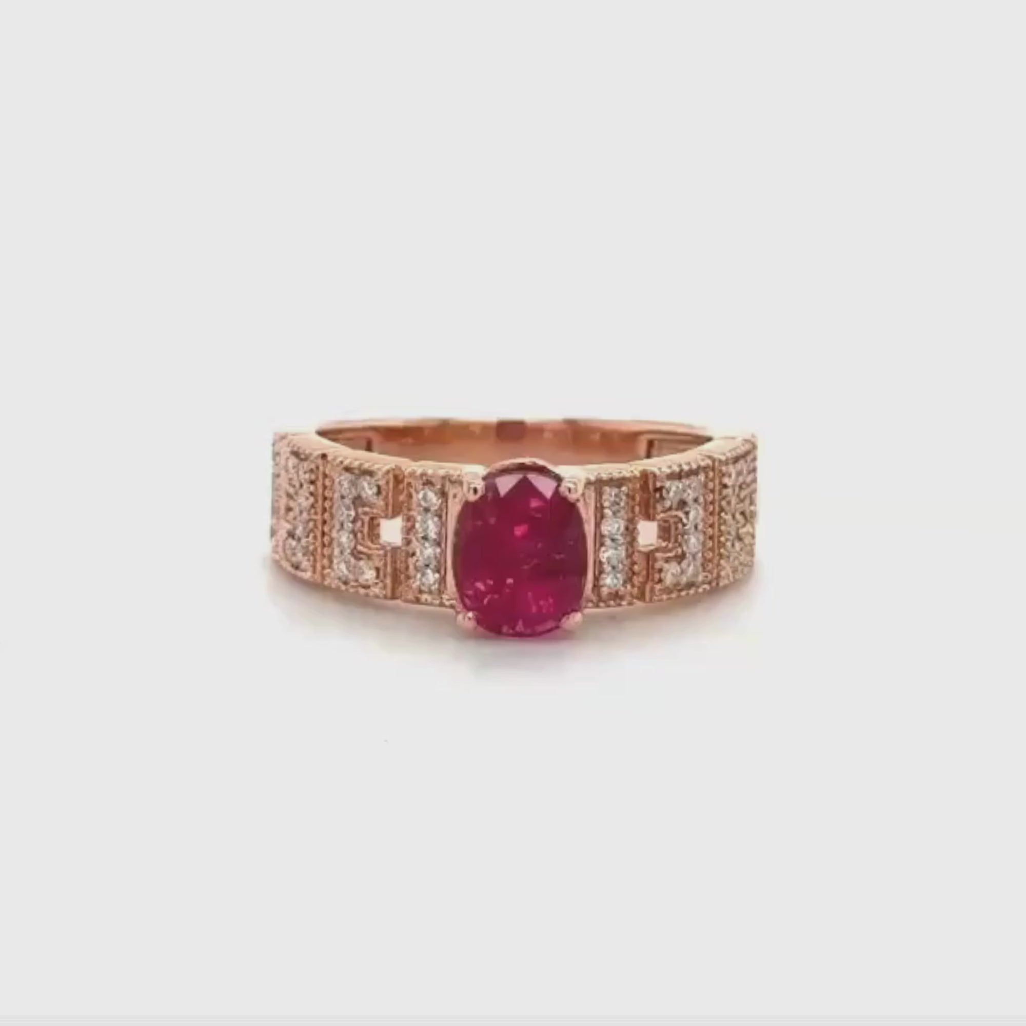 14K Rose Gold Oval Cut Ruby and Diamond Wide Band Ring