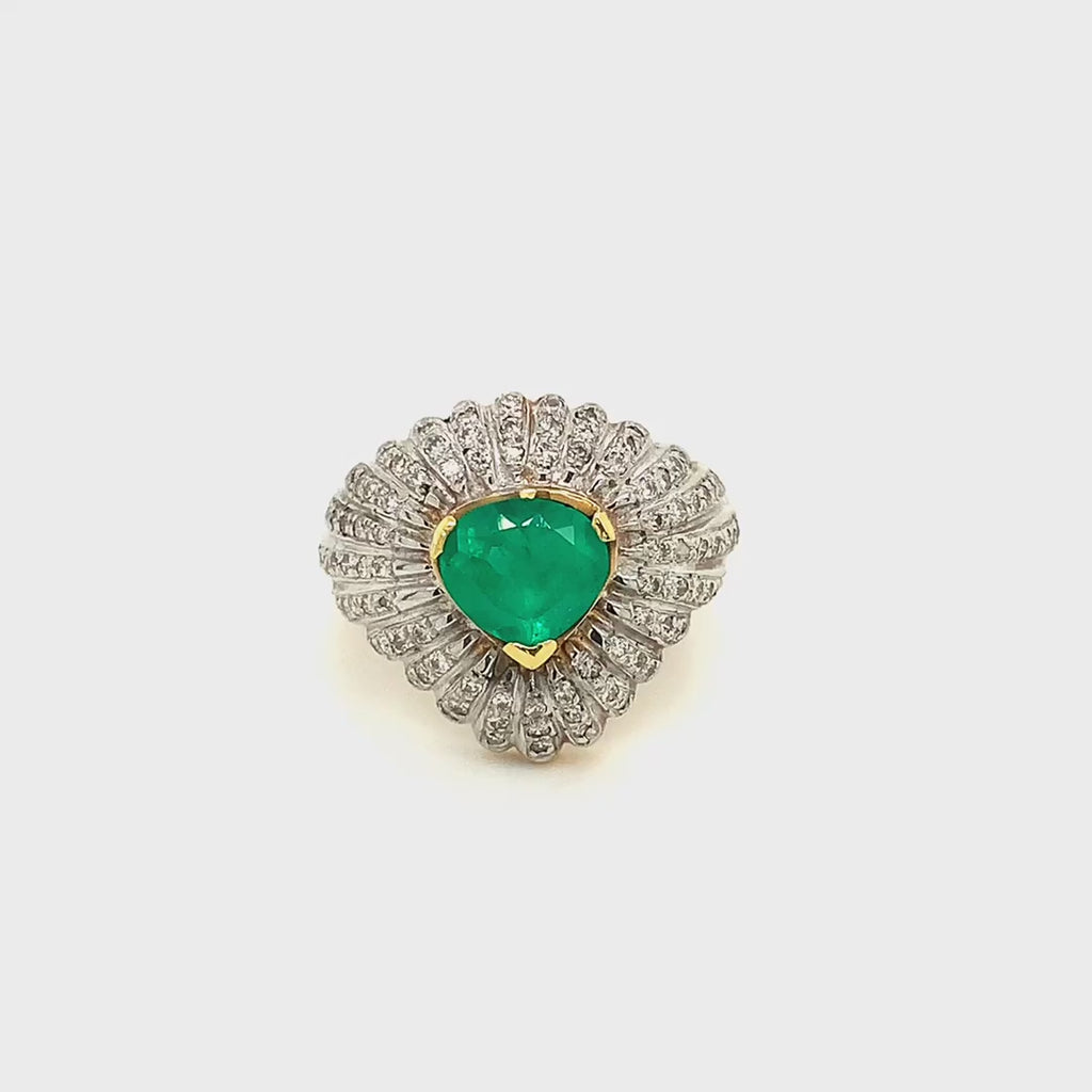 18k Yellow and White Gold Emerald and Diamond Vintage Cocktail Ring