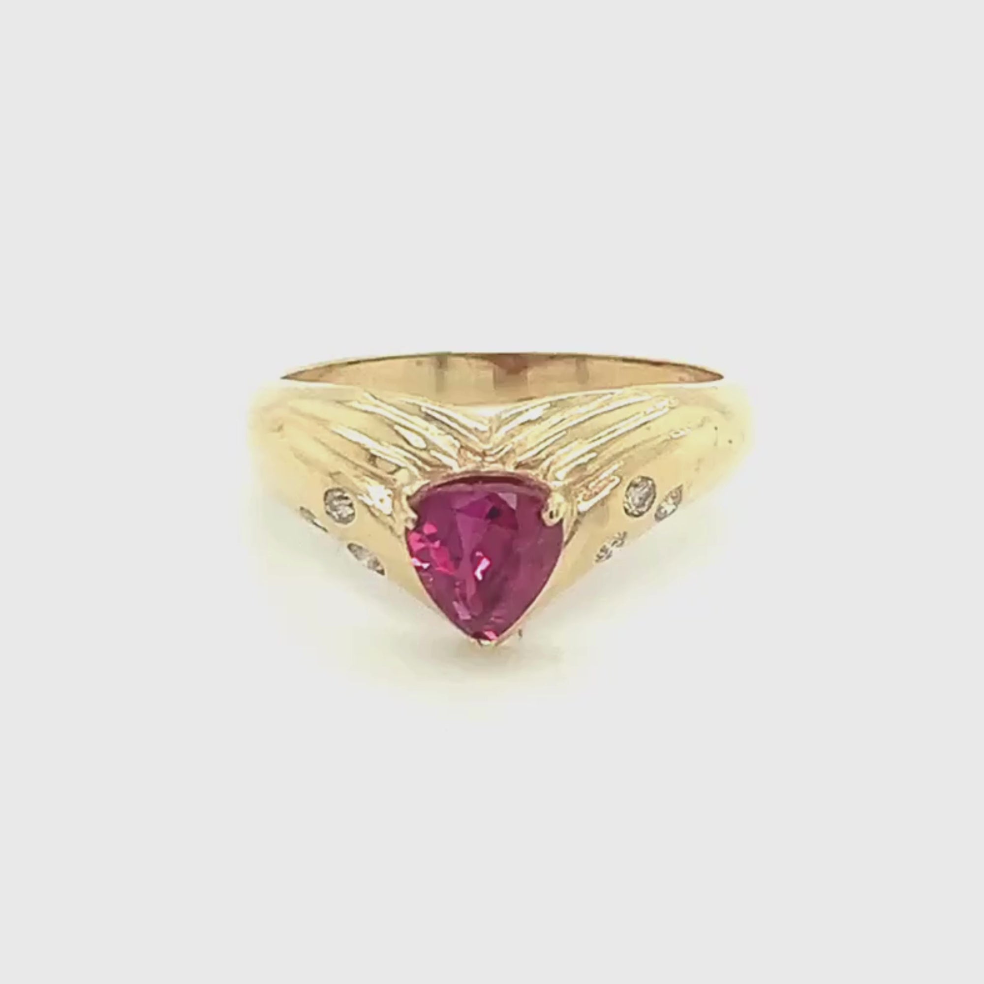 14k Yellow Gold Trillion Cut Ruby and Diamond Vintage Signet Ring