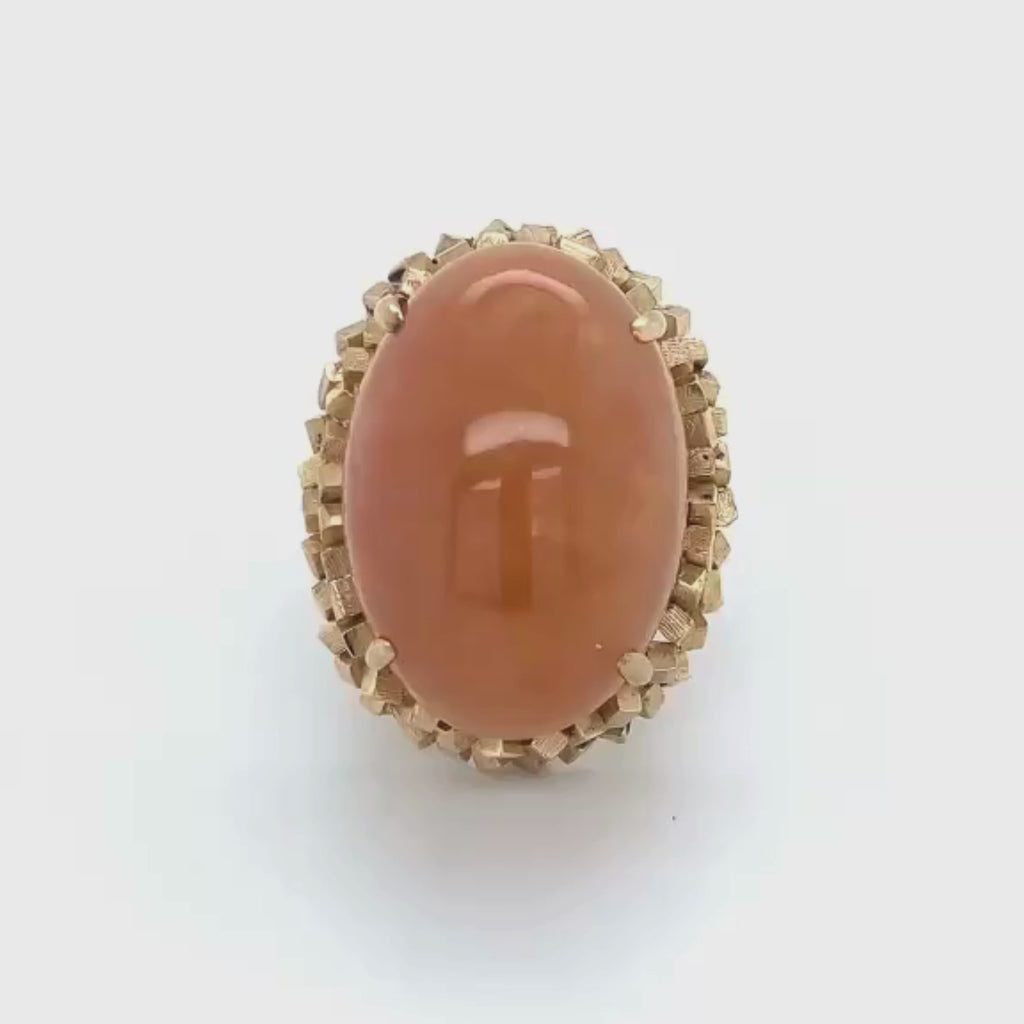 14k Yellow Gold Cabochon Cut Brown Jade Vintage Cocktail Ring