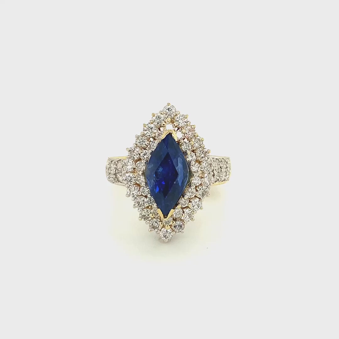 14k Yellow Gold Marquise Blue Sapphire Double Diamond Halo Vintage Ring