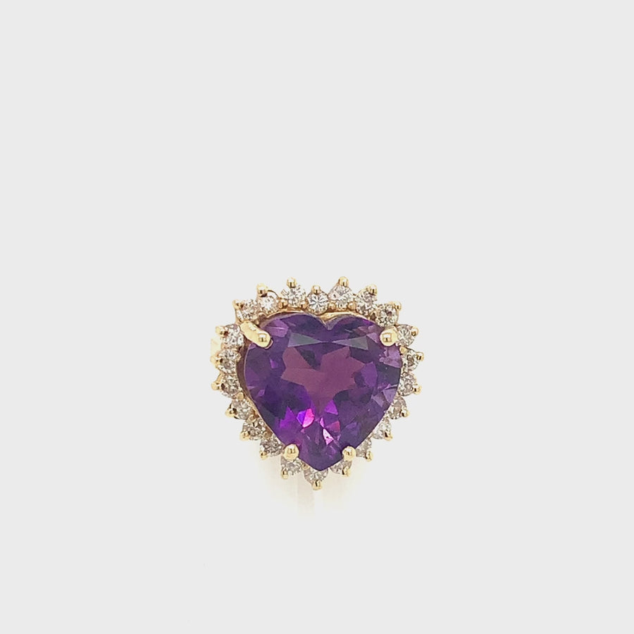14k Yellow Gold Heart-Shaped Amethyst Diamond Halo Vintage Cocktail Ring