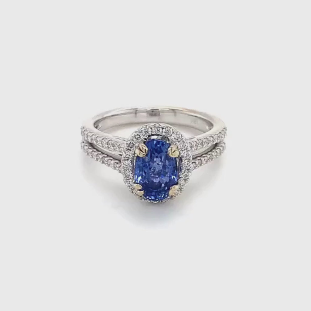 18k White Gold Oval Cut Blue Sapphire Diamond Halo Split Shank Ring