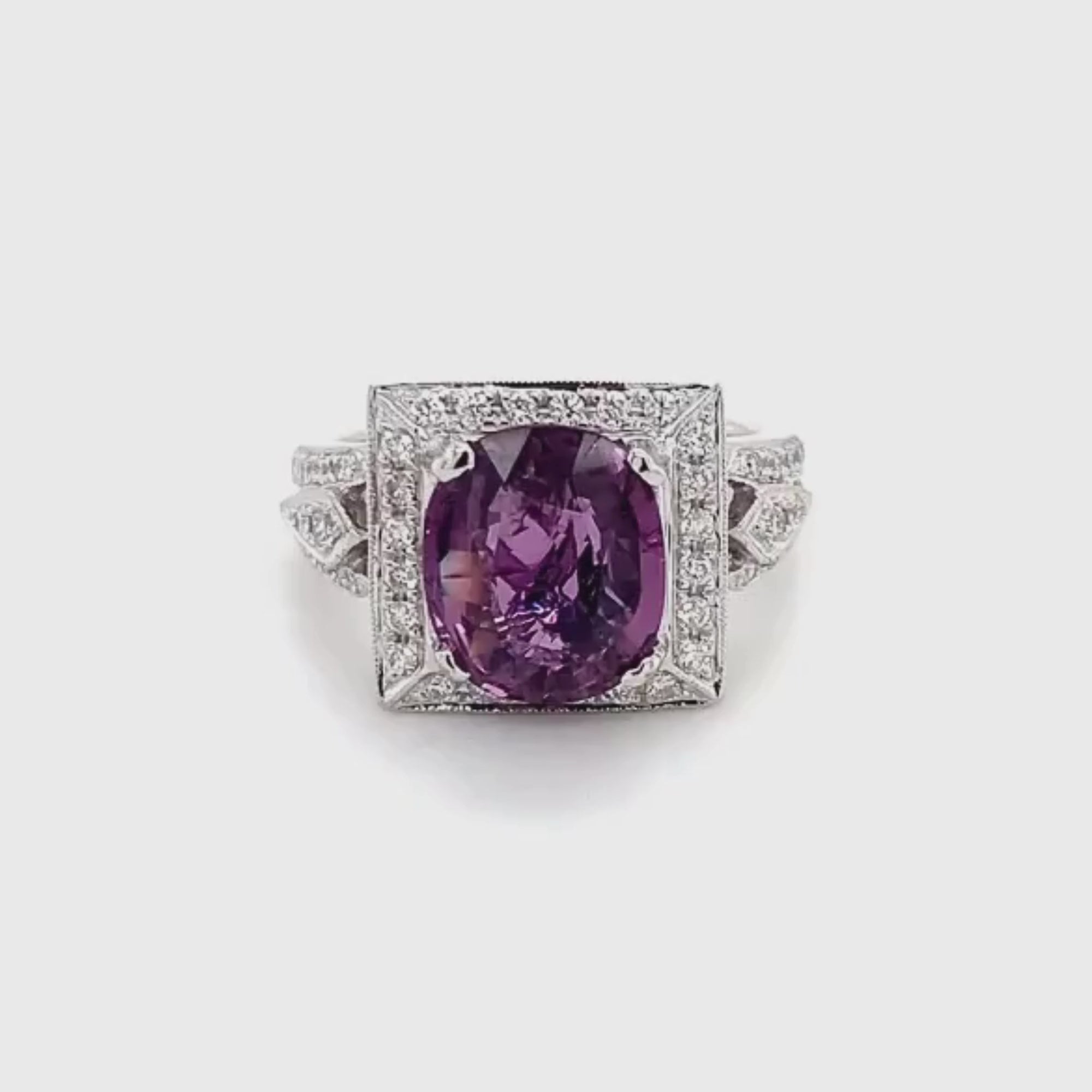 18k White Gold Cushion Cut Purple Sapphire and Diamond Ring