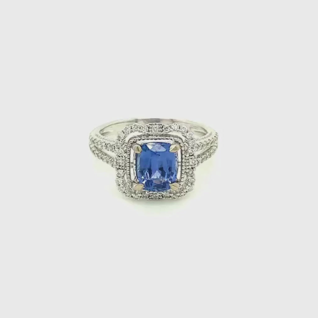 14k White Gold Cushion-Shaped Blue Sapphire Diamond Halo Split Shank Ring