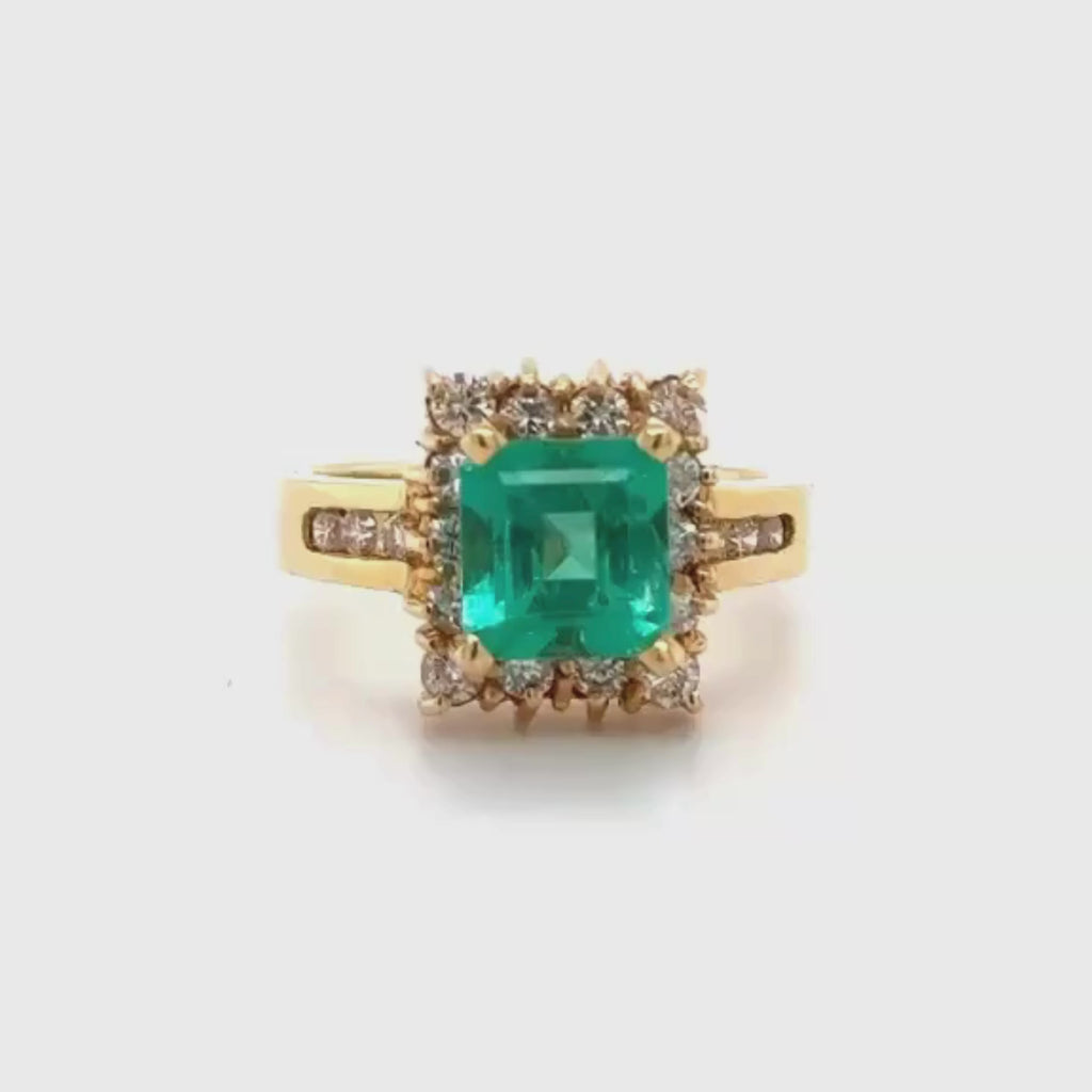 18k Yellow Gold Asscher Cut Emerald and Diamond Vintage Ring