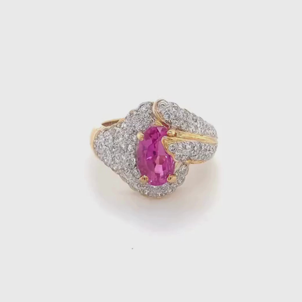 18k Yellow Gold Oval Cut Pink Sapphire Diamond Pavé Vintage Ring