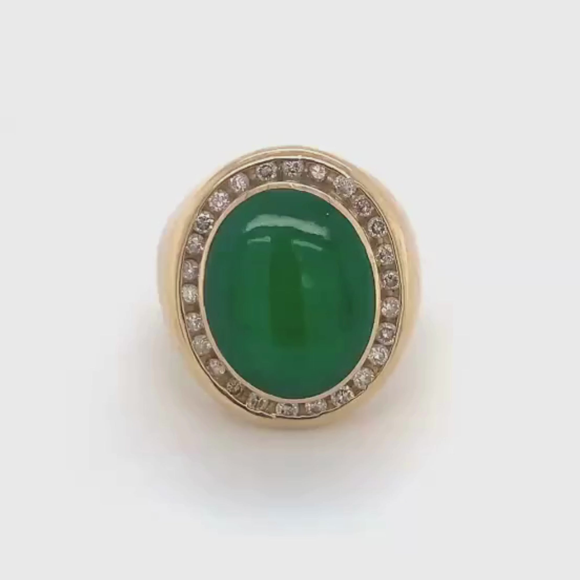 18k Yellow Gold Cabochon Cut Green Jade and Diamond Vintage Signet Ring
