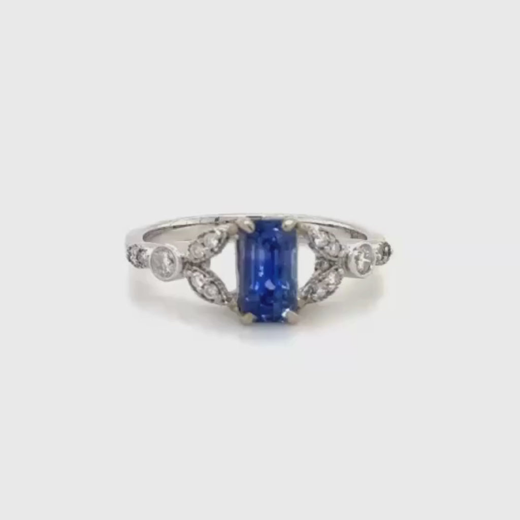 14k White Gold Emerald Cut Blue Sapphire and Diamond Ring