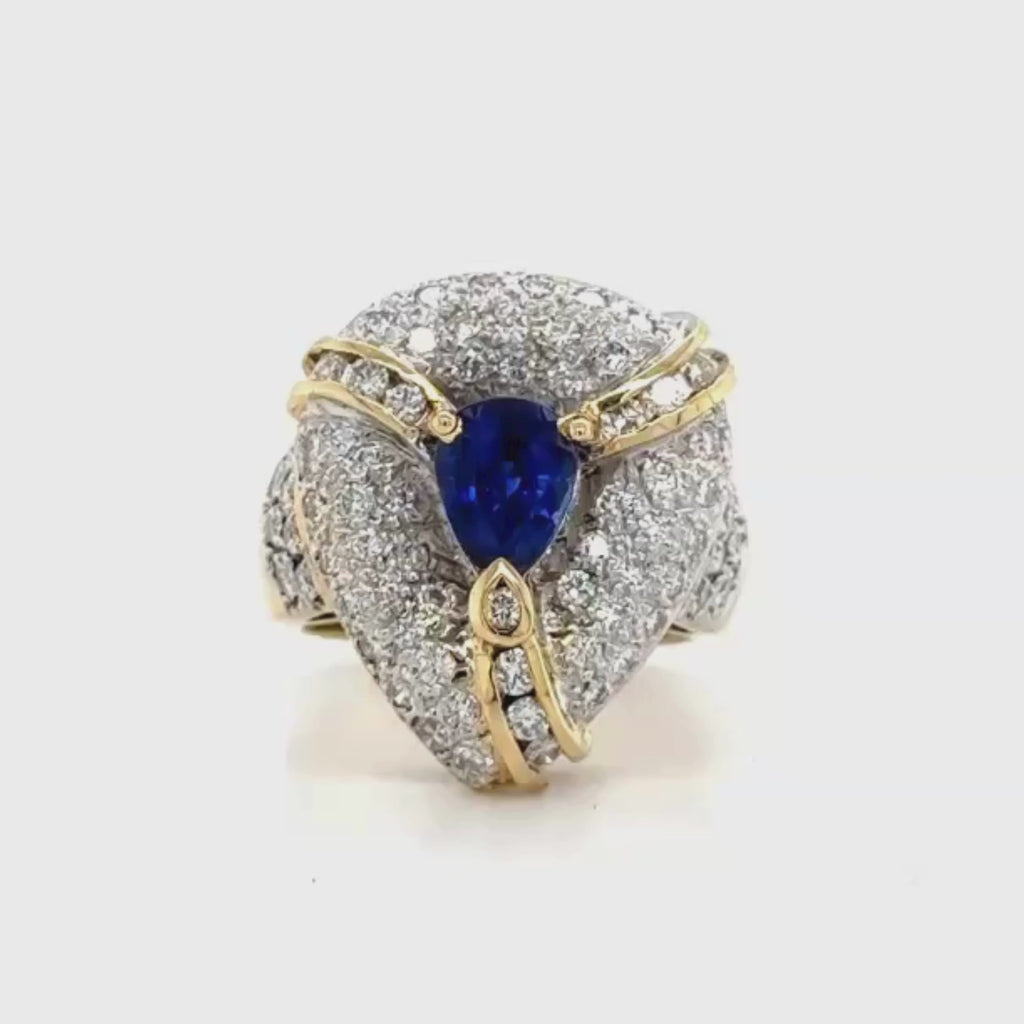 18k Yellow Gold Pear-Shaped Blue Sapphire and Diamond Vintage Ring