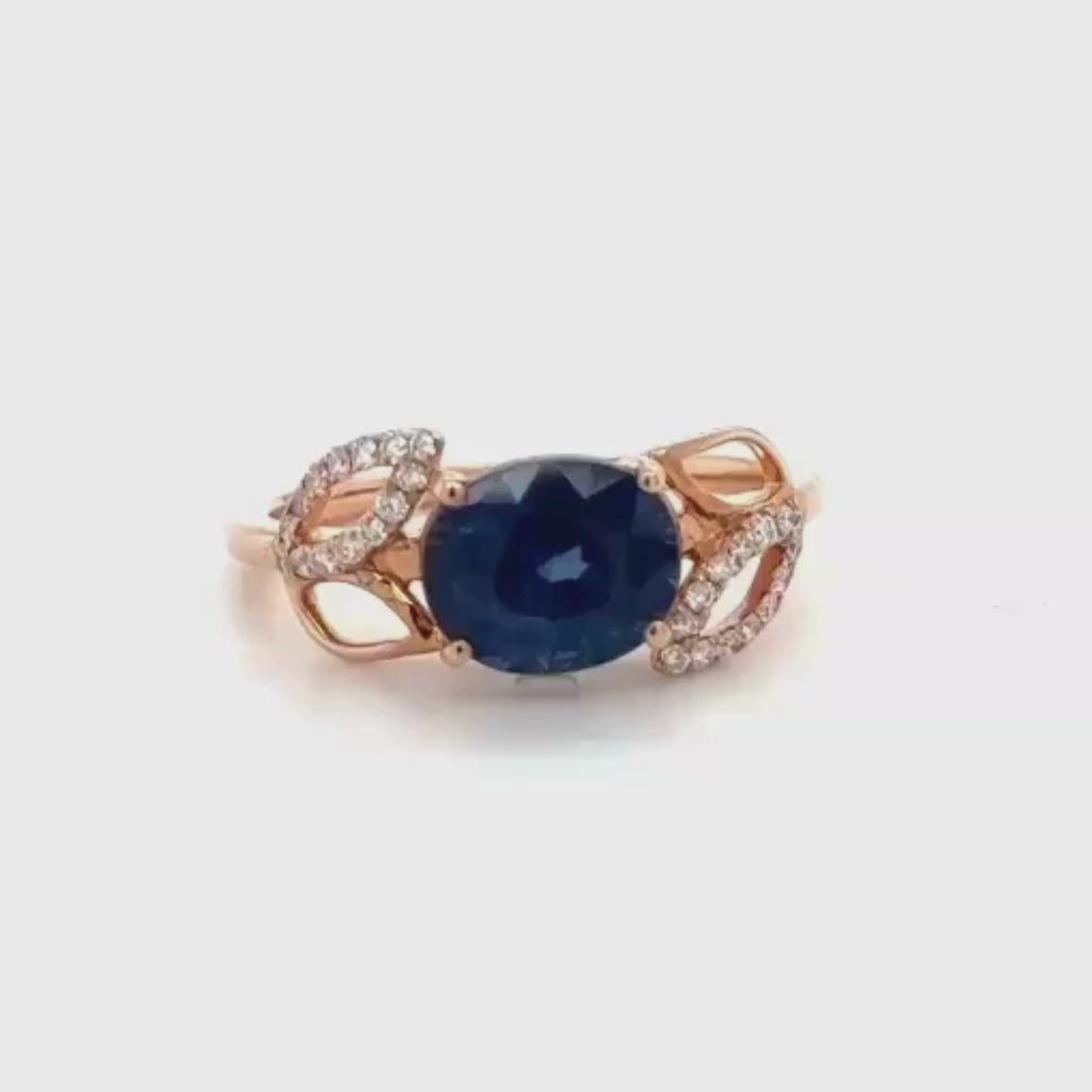 14k Rose Gold Oval Cut Blue Sapphire and Diamond Floral Ring