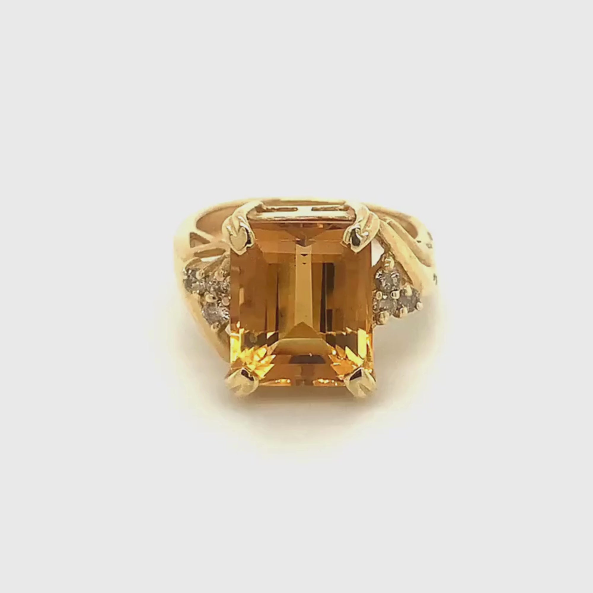 14k Yellow Gold Emerald Cut Citrine and Diamond Vintage Ring