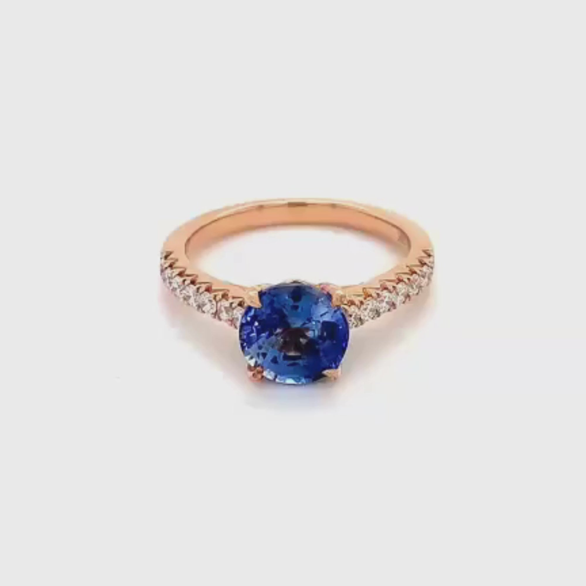 18k Rose Gold Round Cut Blue Sapphire Diamond Pavé Ring