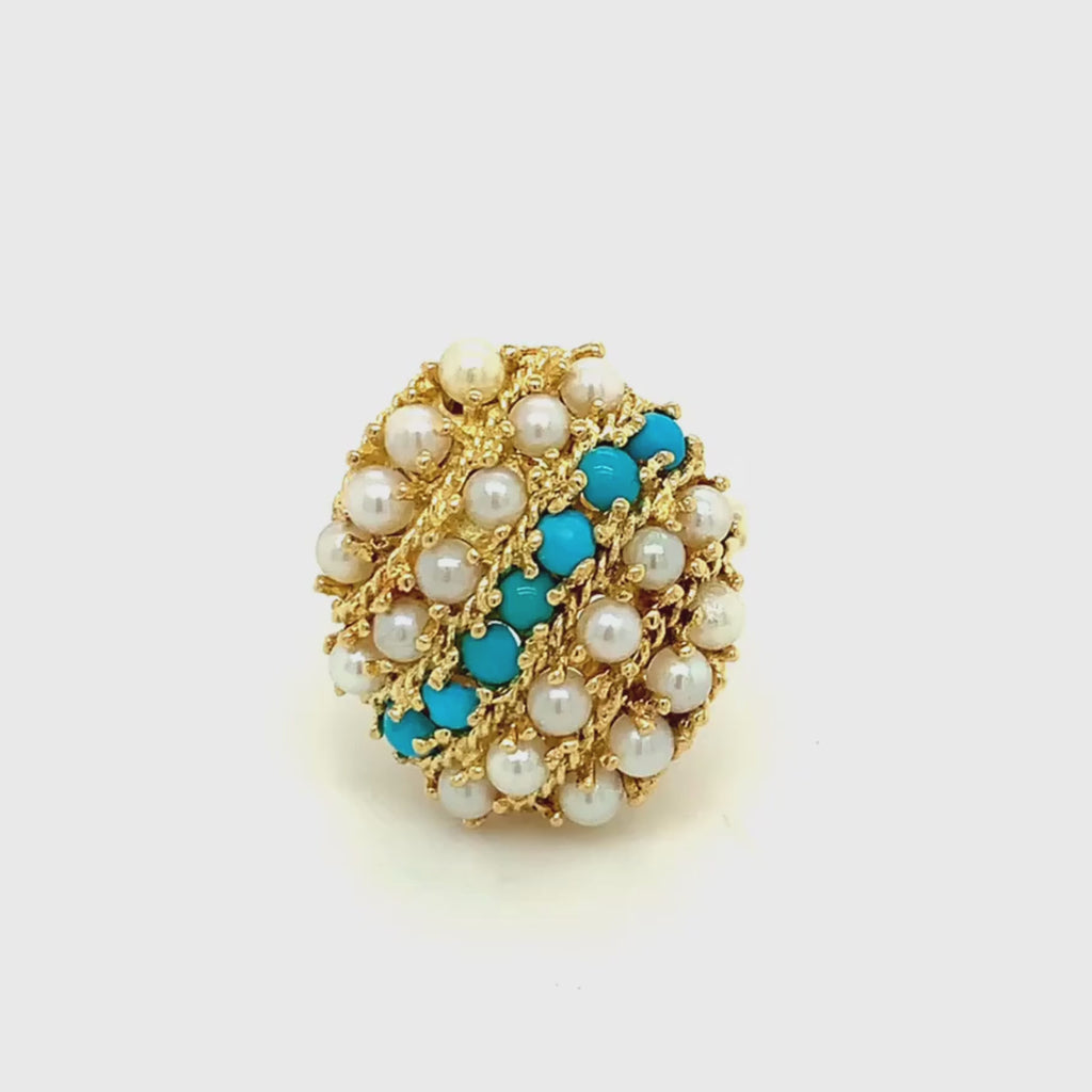 14k Yellow Gold Pearl and Turquoise Vintage Ring