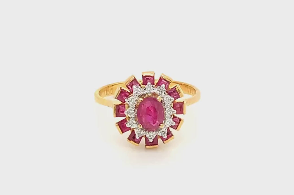 18k Yellow Gold Oval and Princess cut Ruby and Round Diamond Cluster Ring