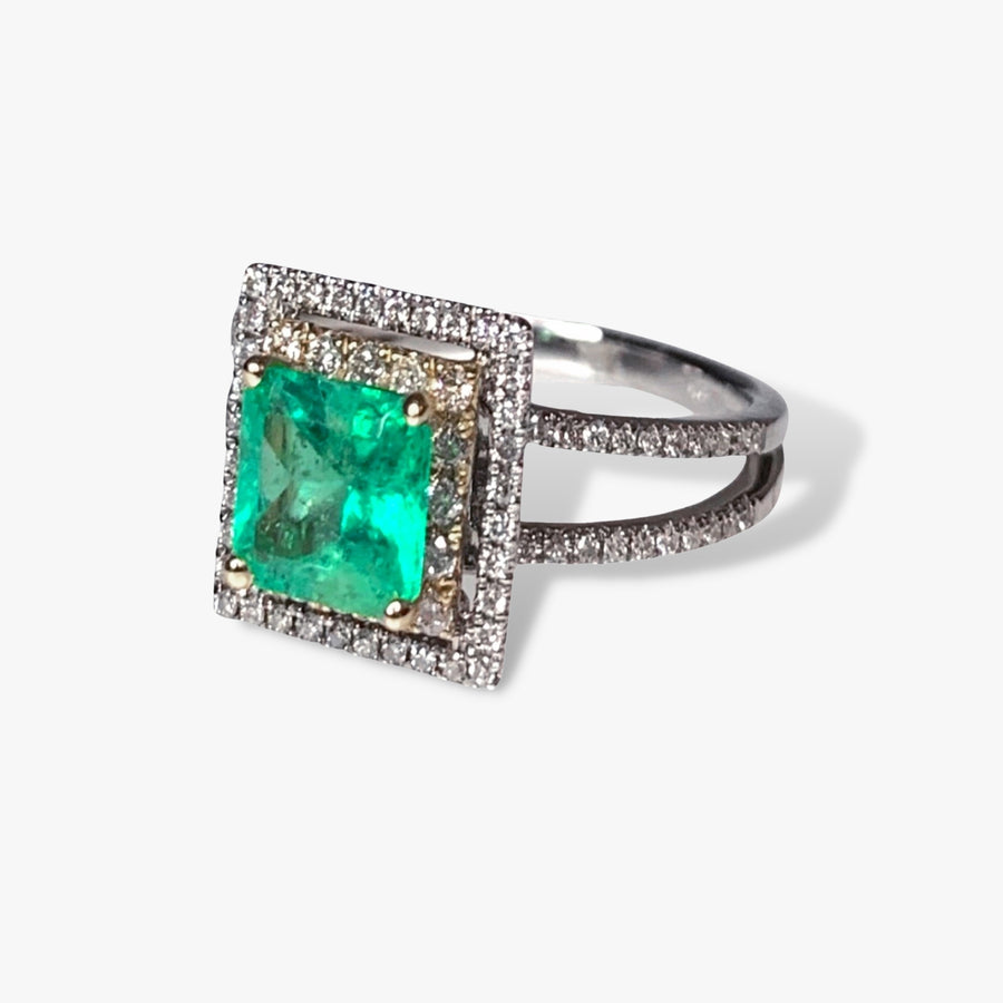 14K White Gold Emerald Diamond Double Halo Split Shank Ring Side View