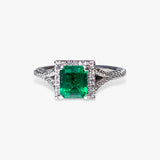 14K White Gold Emerald Diamond Halo Split Shank Ring