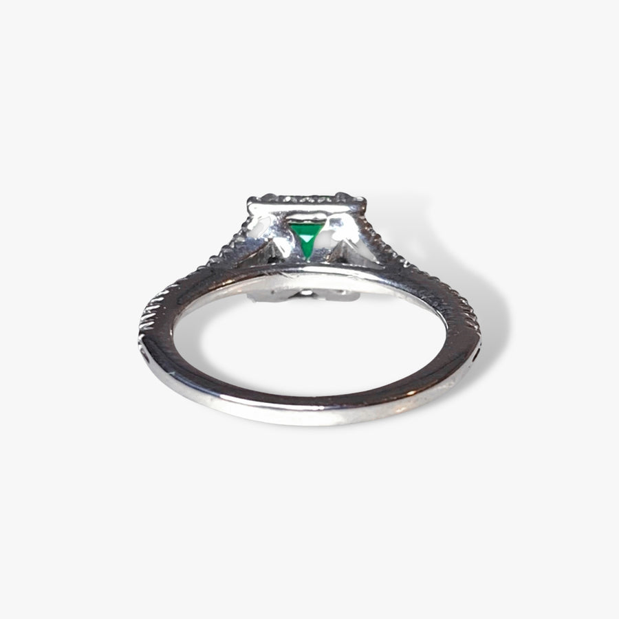 14K White Gold Emerald Diamond Halo Split Shank Ring Back View