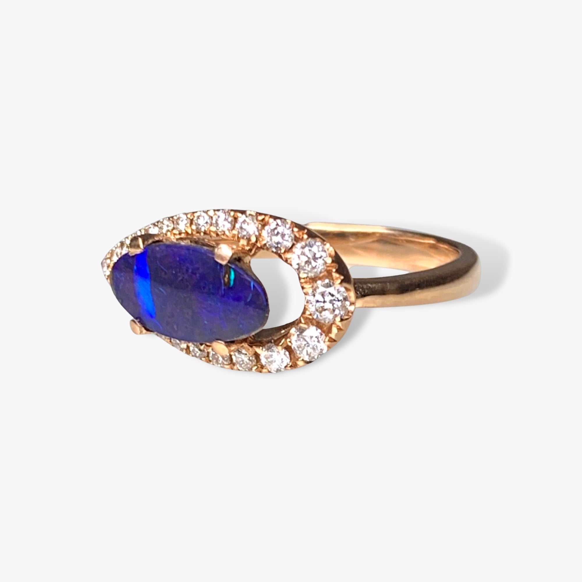 14k Rose Gold Cabochon Black Opal Diamond Halo Ring