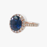 14k Rose Gold Oval Blue Sapphire Diamond Halo Ring
