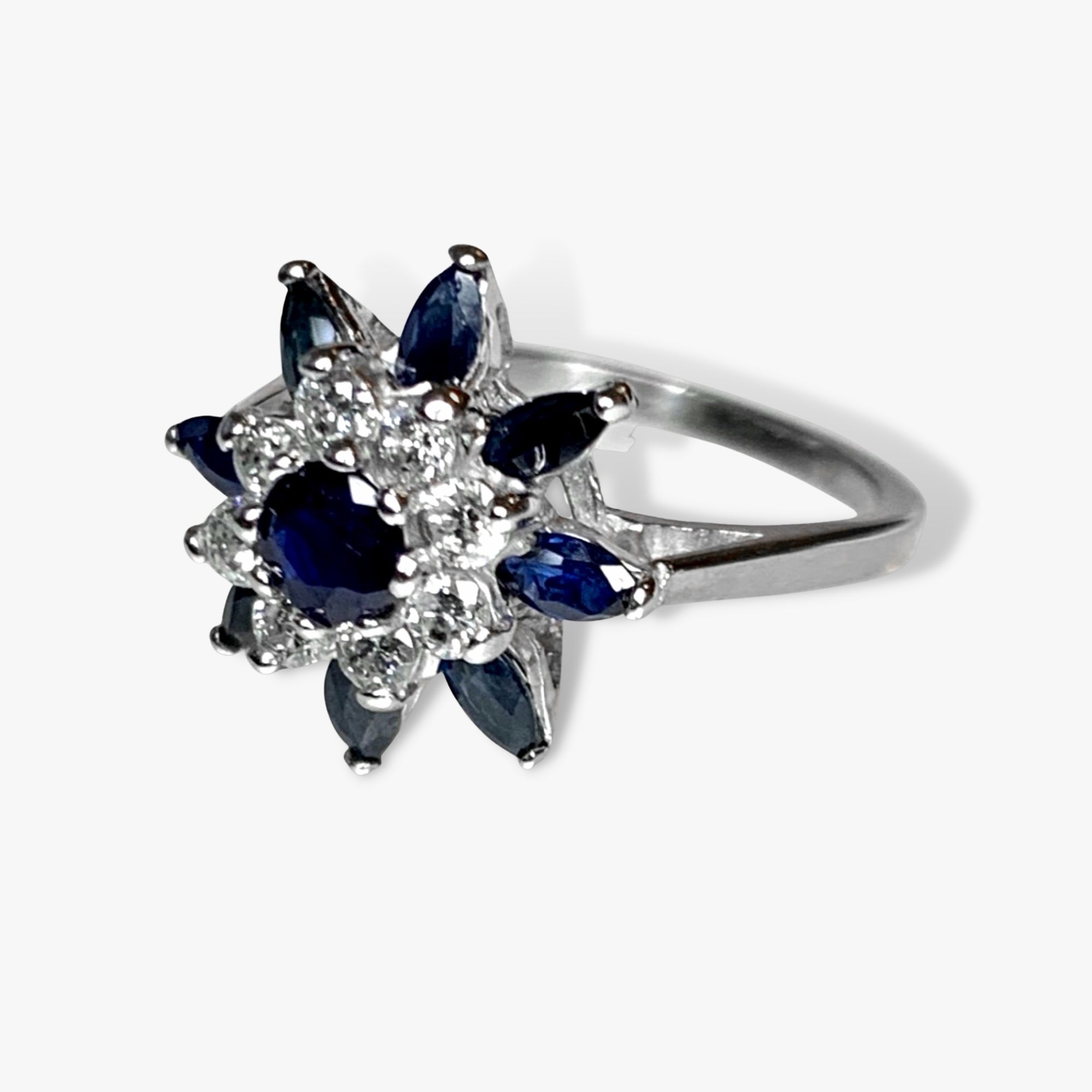 14k White Gold Blue Sapphire and Diamond Flower Ring