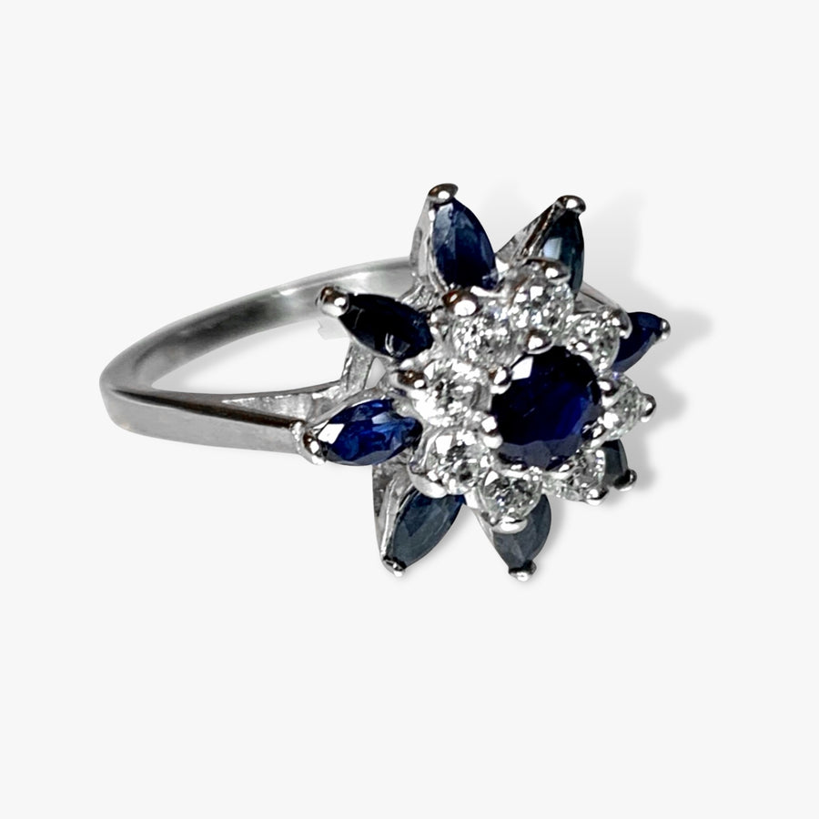 14k White Gold Blue Sapphire and Diamond Flower Ring Side View