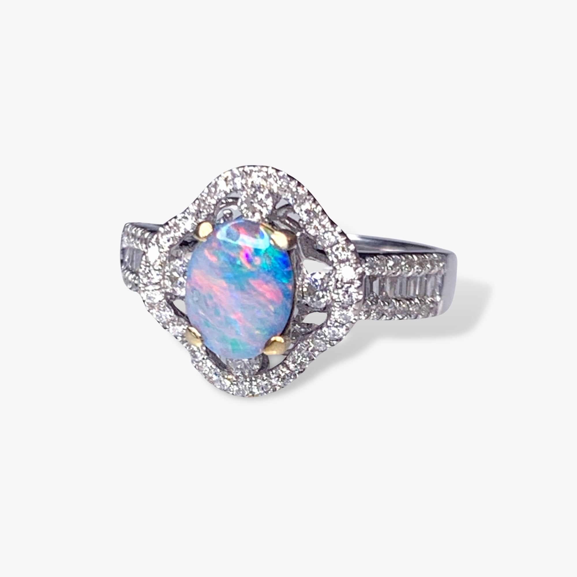 14k White Gold Cabochon White Opal and Diamond Clover Ring