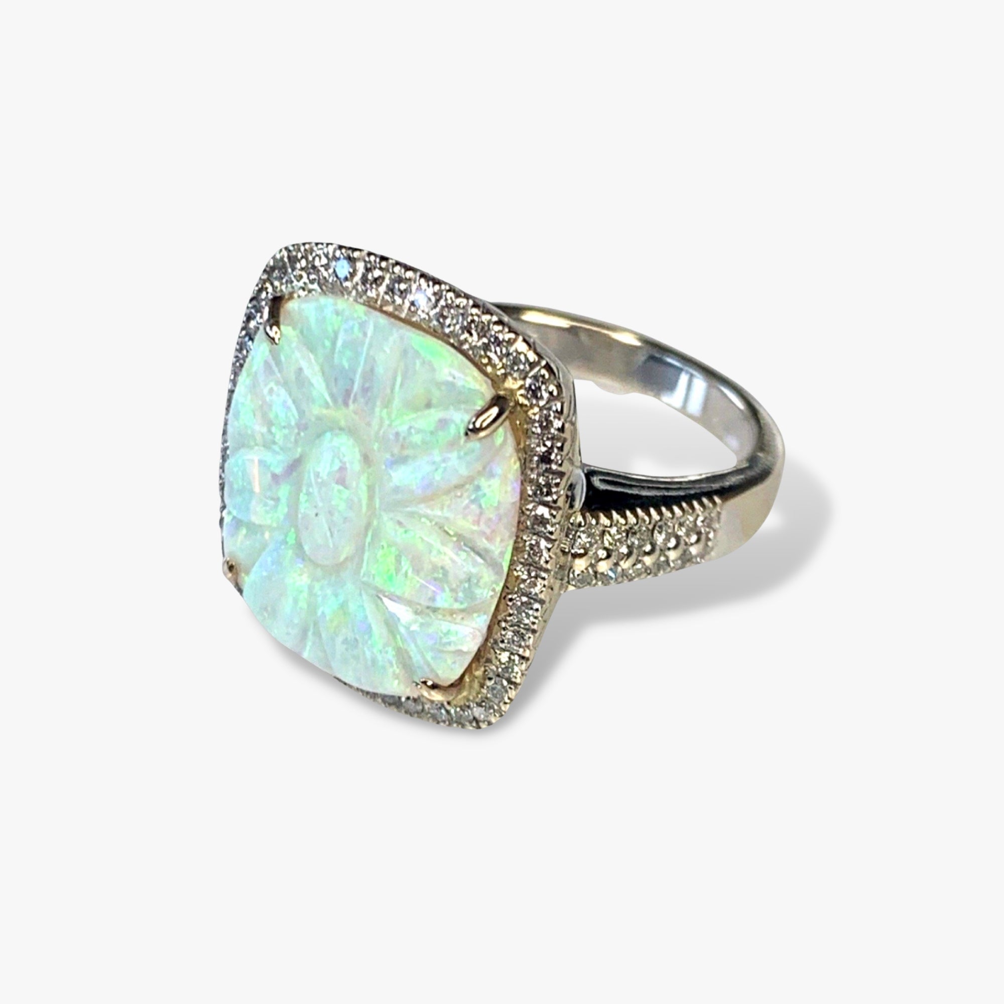 14k White Gold Carved White Opal Diamond Halo Ring