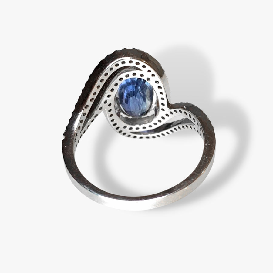 14k White Gold Oval Blue Sapphire Diamond Bypass Ring Back View