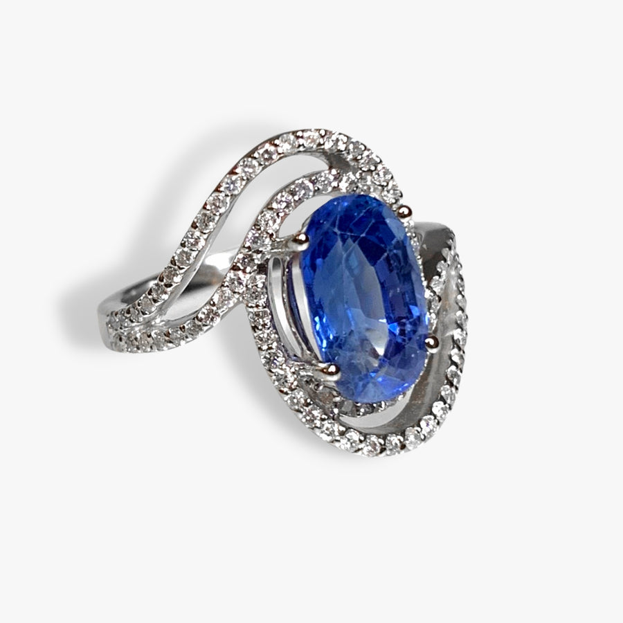 14k White Gold Oval Blue Sapphire Diamond Bypass Ring Side View